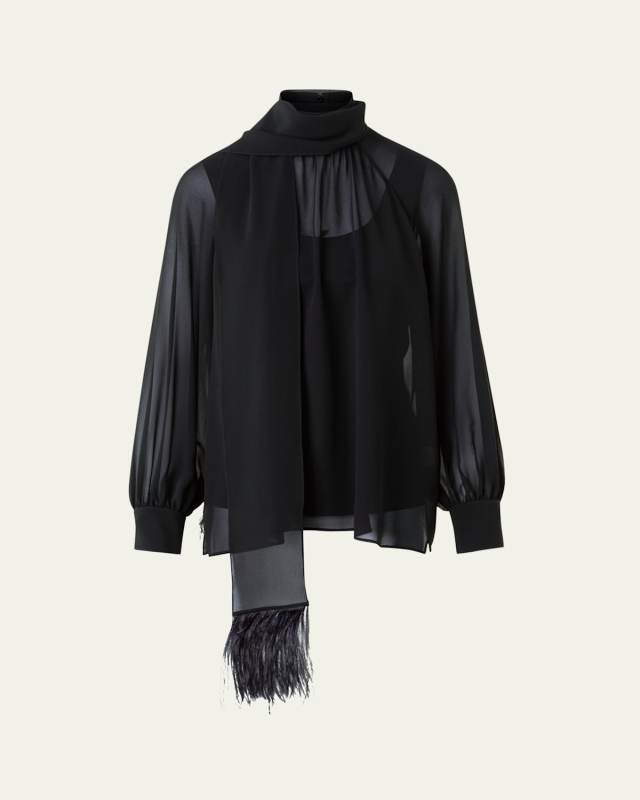 Feather-Trim Scarf Silk Georgette Blouse